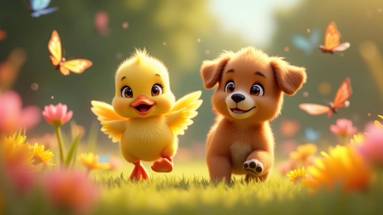 Pixar-style duck and puppy in a meadow